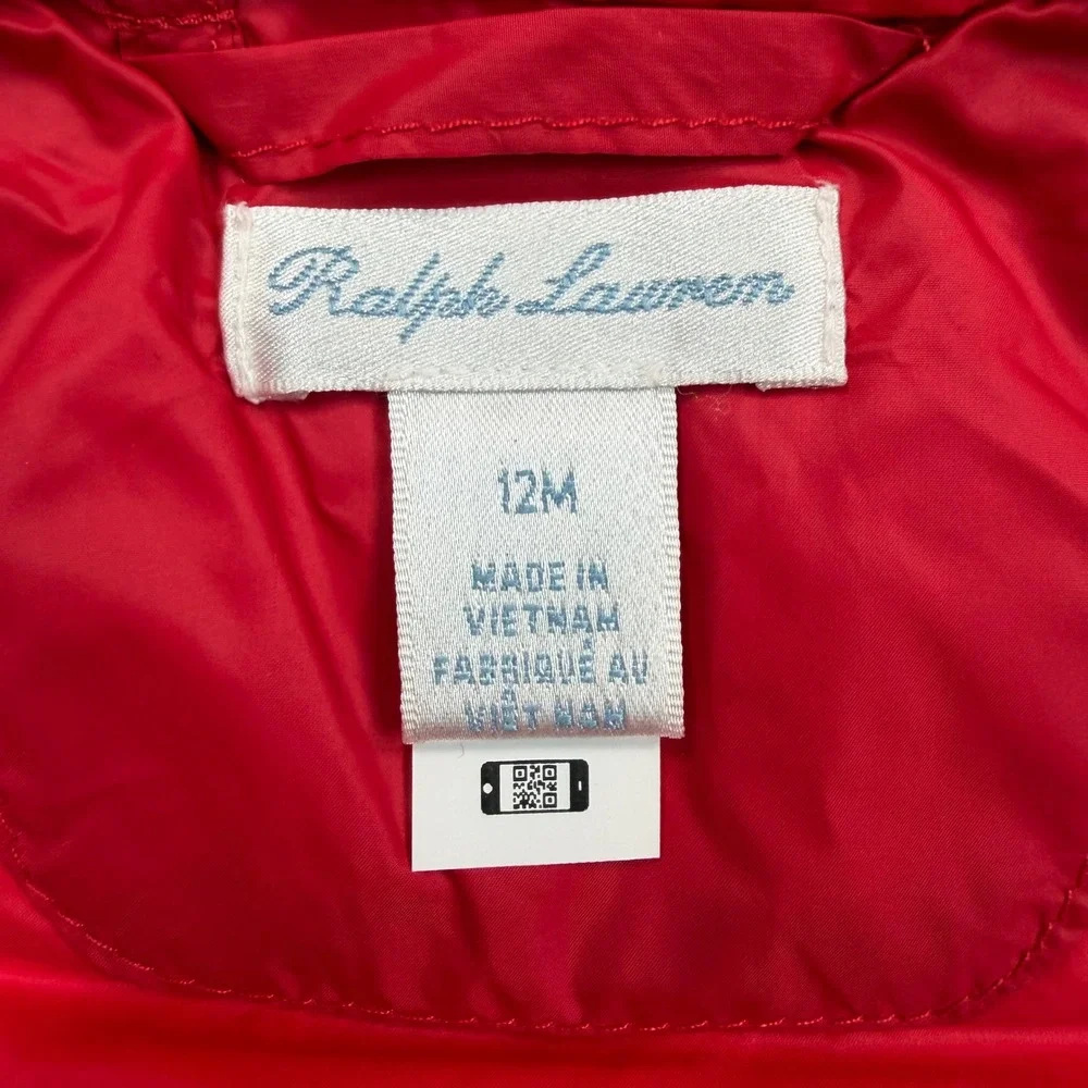 Ralph Lauren Kids 12M Puffer Jacket Red Hooded Down Fill Logo Excellent